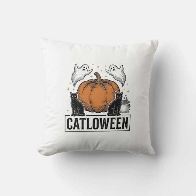 Catloween Black Cat Ghost Halloween Vector Design_ Cushion (Front)