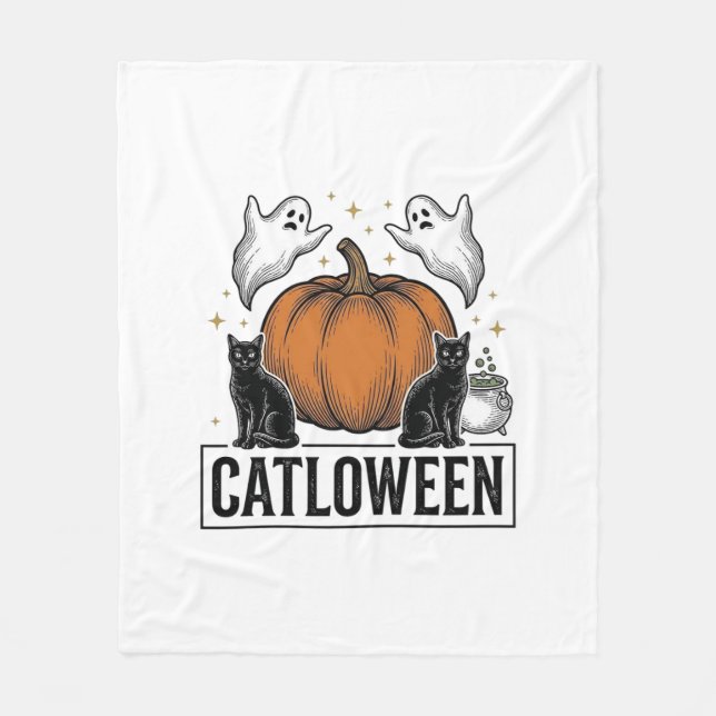 Catloween Black Cat Ghost Halloween Vector Design_ Fleece Blanket (Front)