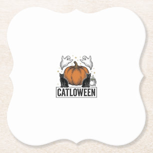 Catloween Black Cat Ghost Halloween Vector Design_ Paper Coaster