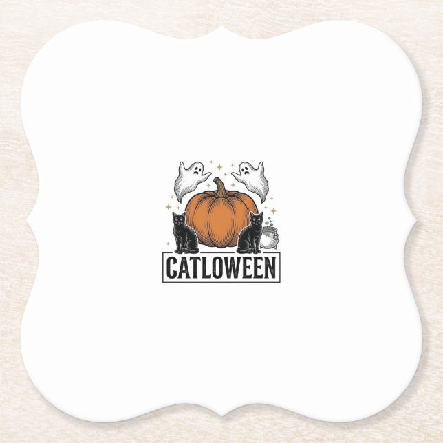 Catloween Black Cat Ghost Halloween Vector Design_ Paper Coaster (Front)