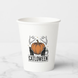 Catloween Black Cat Ghost Halloween Vector Design_ Paper Cups