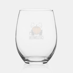 Catloween Black Cat Ghost Halloween Vector Design_ Stemless Wine Glass