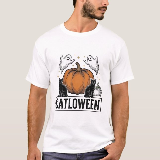 Catloween Black Cat Ghost Halloween Vector Design_ T-Shirt (Front)