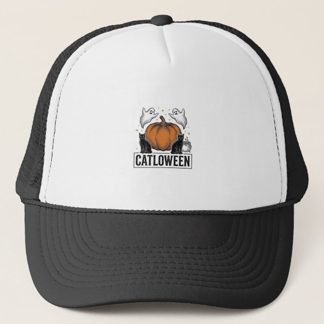 Catloween Black Cat Ghost Halloween Vector Design_ Trucker Hat (Front)