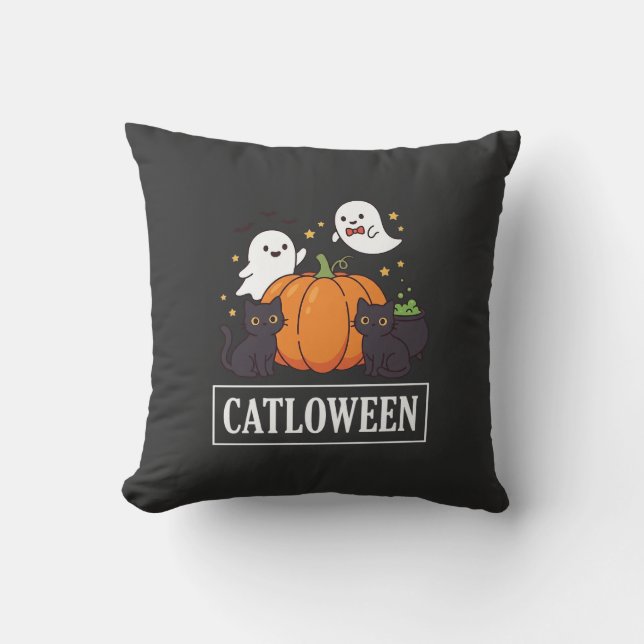 Catloween Funny Halloween Cat Ghost Pumpkin Design Cushion (Front)