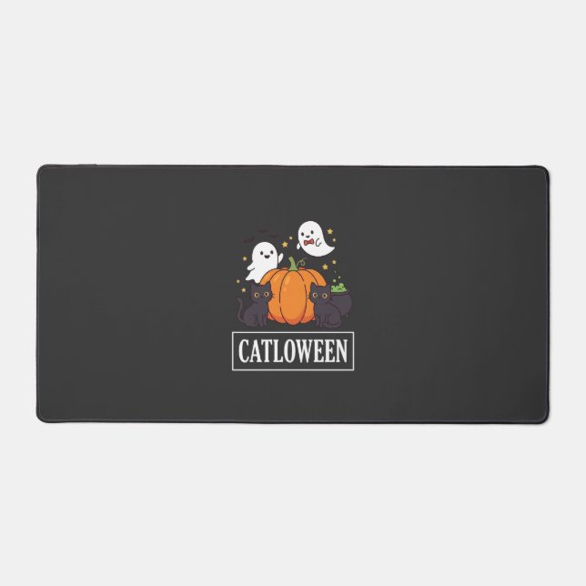 Catloween Funny Halloween Cat Ghost Pumpkin Design Desk Mat (Front)