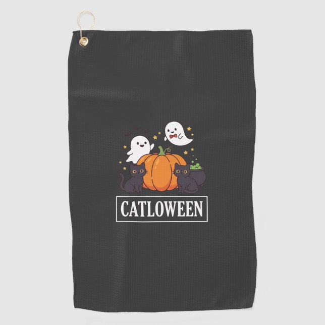Catloween Funny Halloween Cat Ghost Pumpkin Design Golf Towel (Front)