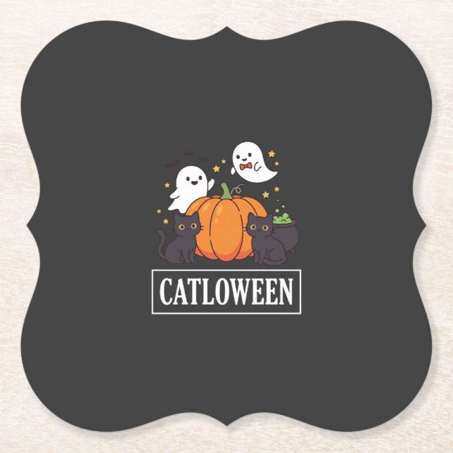 Catloween Funny Halloween Cat Ghost Pumpkin Design Paper Coaster (Front)
