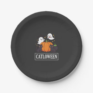 Catloween Funny Halloween Cat Ghost Pumpkin Design Paper Plate