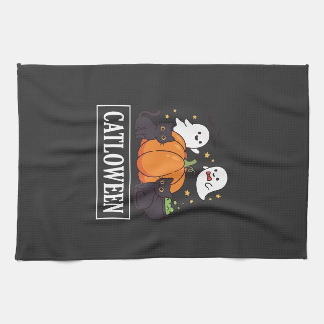 Catloween Funny Halloween Cat Ghost Pumpkin Design Tea Towel (Horizontal)
