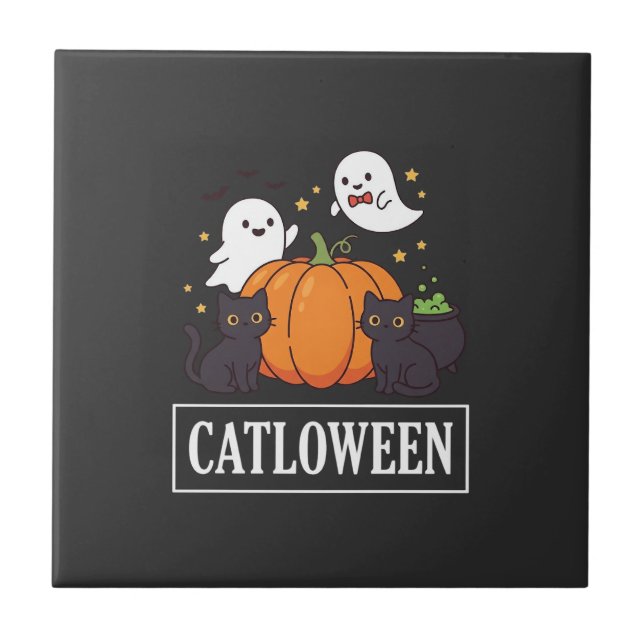 Catloween Funny Halloween Cat Ghost Pumpkin Design Tile (Front)
