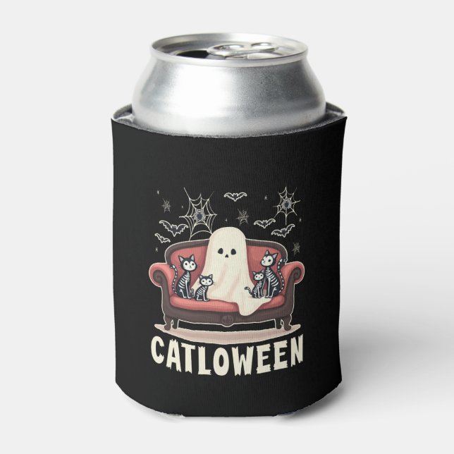 Catloween Ghost Halloween Can Cooler (Can Front)