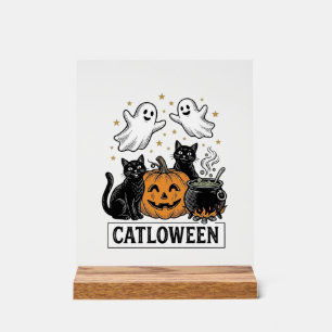 Catloween Vintage Ghost Cat Halloween Shirt Design Acrylic Sign