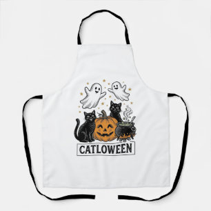 Catloween Vintage Ghost Cat Halloween Shirt Design Apron