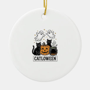 Catloween Vintage Ghost Cat Halloween Shirt Design Ceramic Tree Decoration