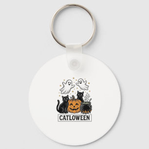 Catloween Vintage Ghost Cat Halloween Shirt Design Key Ring