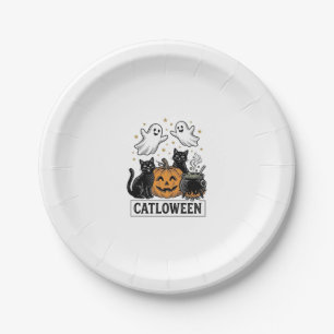 Catloween Vintage Ghost Cat Halloween Shirt Design Paper Plate
