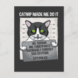Catnip Made Me Do It Funny Cat Arrested Police Postcard
