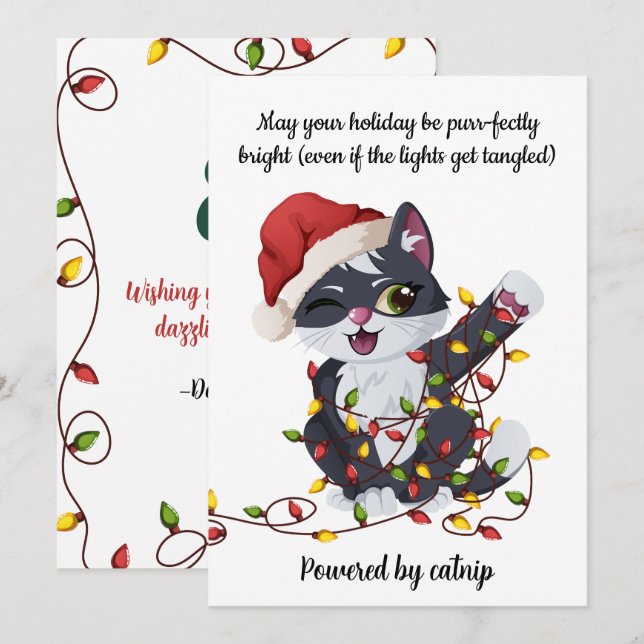 Catnip Powered Tangled String Lights Christmas Holiday Card (Front/Back)