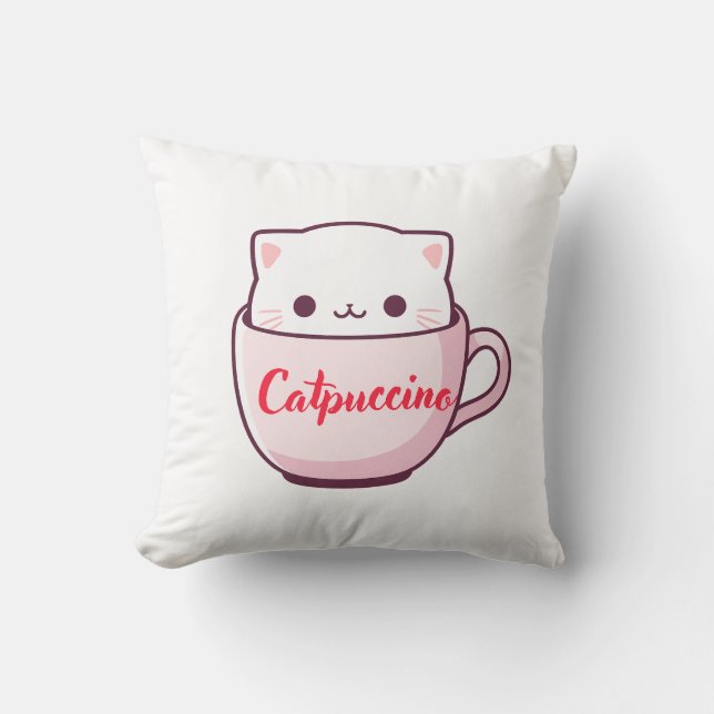 "Catpuccino Cute Cat Coffee Cup Throw Pillow" Cushion (Front)
