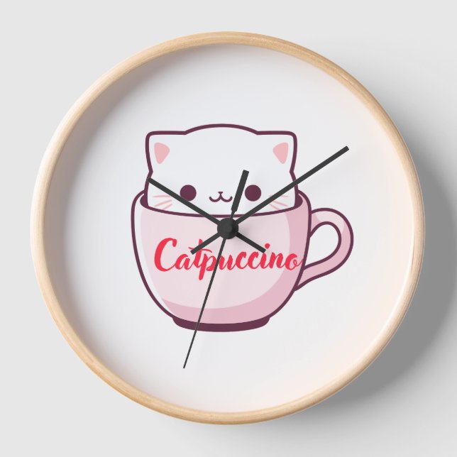 "Catpuccino Cute Cat Coffee Cup Wall Clock" Clock (Front)