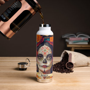 Catrina Day Of The Dead 1 With Text Water Bottle