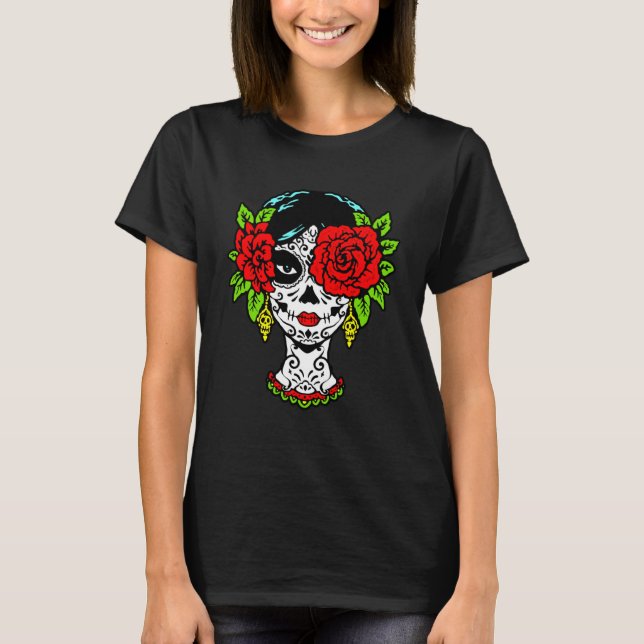 Catrina Sugar Skull Calavera Mexican With Rose Eye T-Shirt (Front)