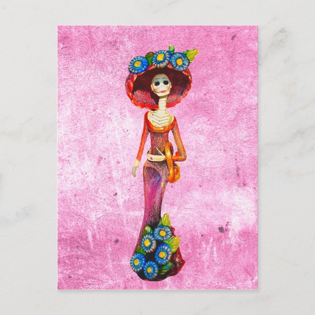Catrina W/Red Dress & Blue Flowers On Pink Washed Postcard (Front)