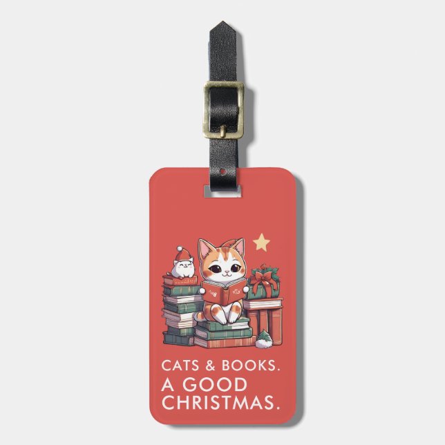Cats and Books Christmas Luggage Tag (Front Vertical)