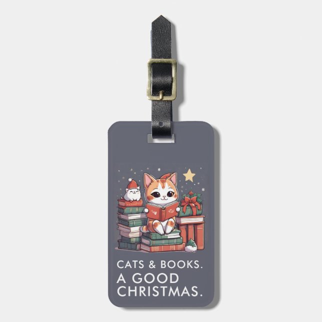 Cats and Books Christmas Luggage Tag (Front Vertical)