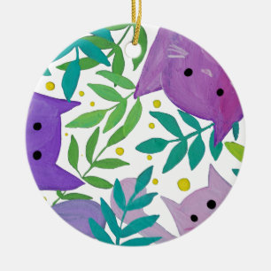 Cats and branches - purple and green ceramic tree decoration