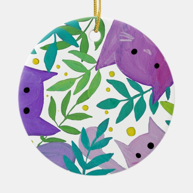 Cats and branches - purple and green ceramic tree decoration (Front)