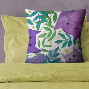 Cats and branches - purple and green cushion