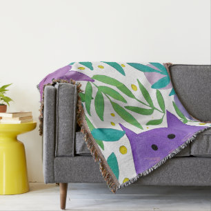 Cats and branches - purple and green throw blanket