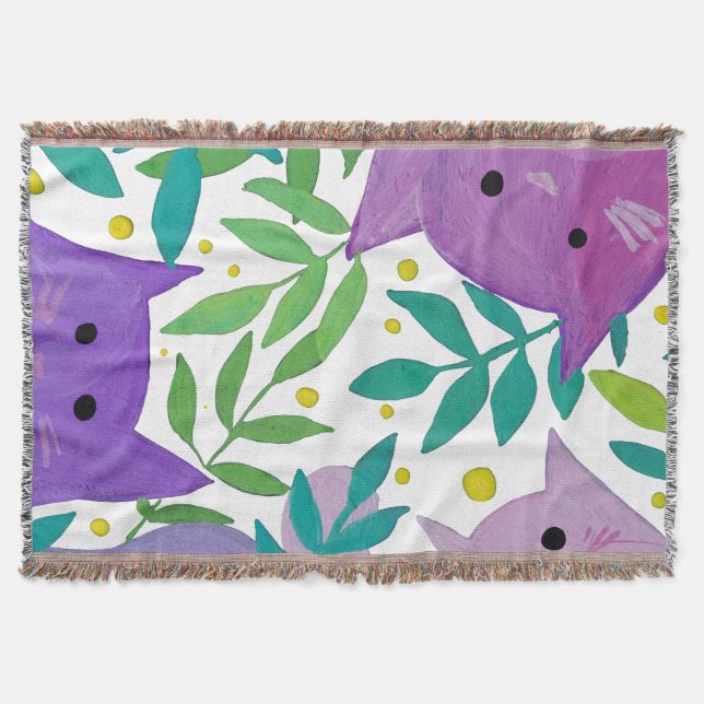 Cats and branches - purple and green throw blanket (Front)