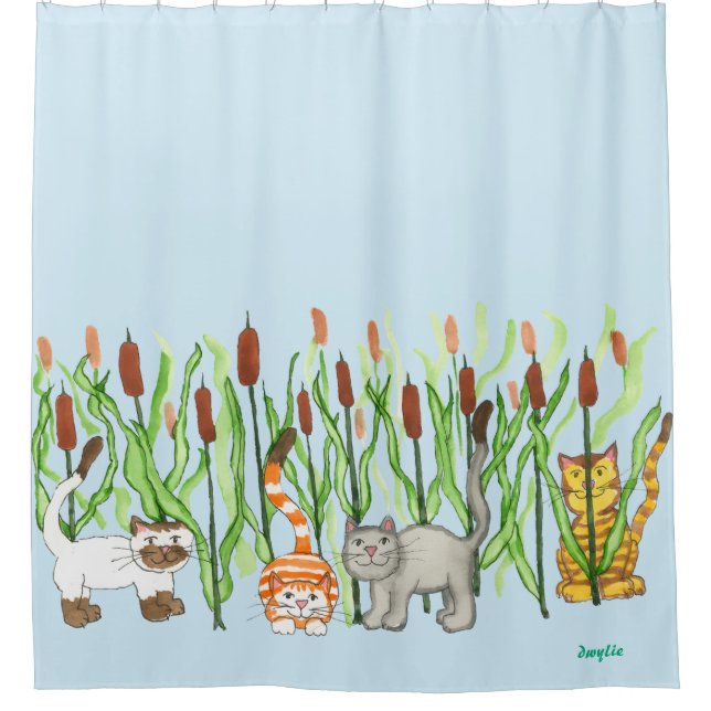 Cats and Cattails Shower Curtain (Front)