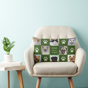 Cats and Dogs Custom Photos with Paws on Green Lumbar Cushion