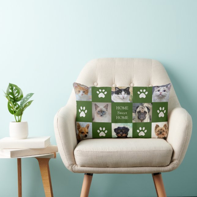 Cats and Dogs Custom Photos with Paws on Green Lumbar Cushion (Chair)