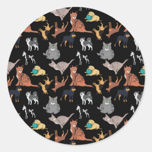 Cats And Dogs Pattern Design On Black Classic Round Sticker