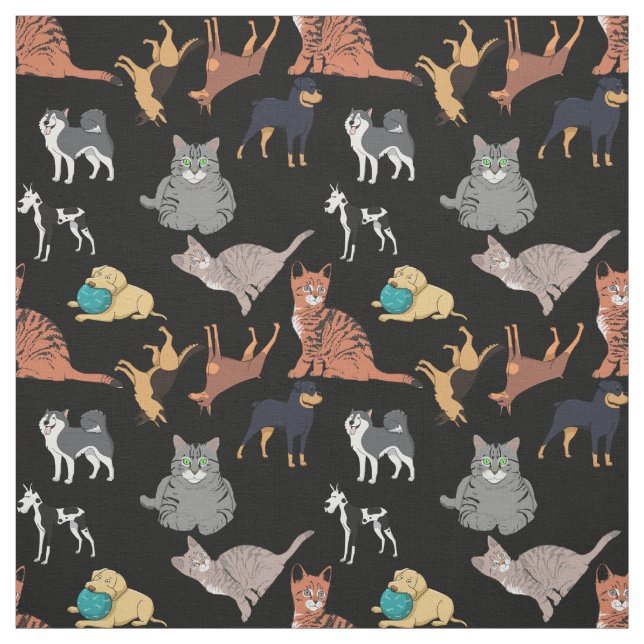 Cats And Dogs Pattern Design On Black  Fabric (Swatch)