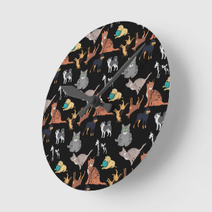 Cats And Dogs Pattern Design On Black Round Clock