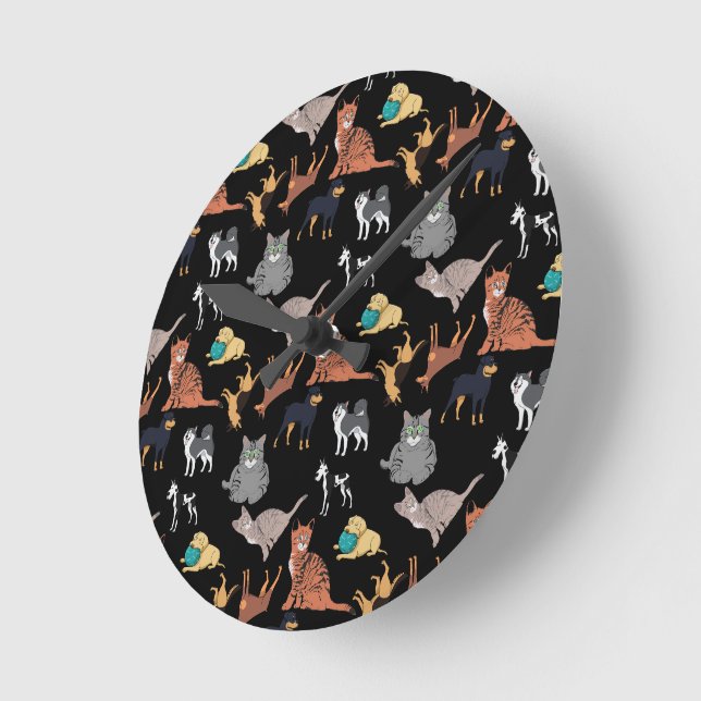 Cats And Dogs Pattern Design On Black  Round Clock (Angle)