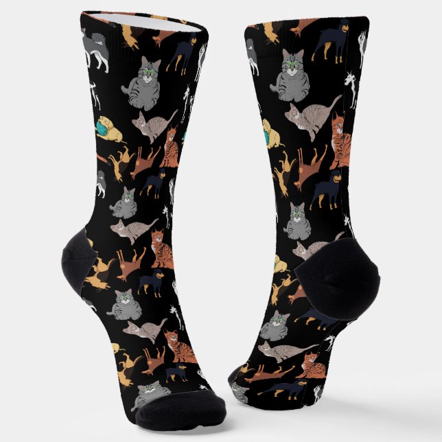 Cats And Dogs Pattern Design On Black  Socks (Angled)
