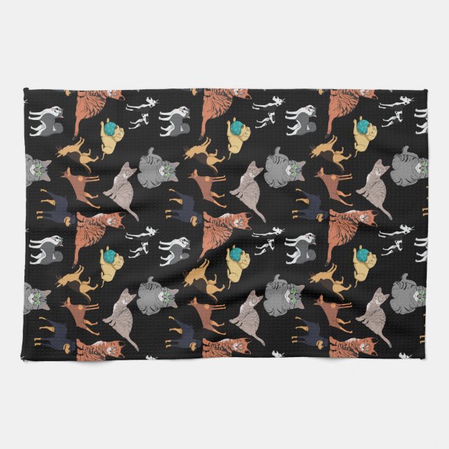 Cats And Dogs Pattern Design On Black  Tea Towel (Horizontal)