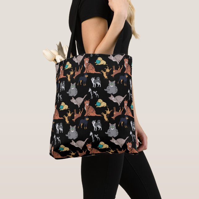 Cats And Dogs Pattern Design On Black  Tote Bag (Close Up)