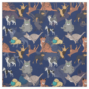Cats And Dogs Pattern Design On Blue Fabric