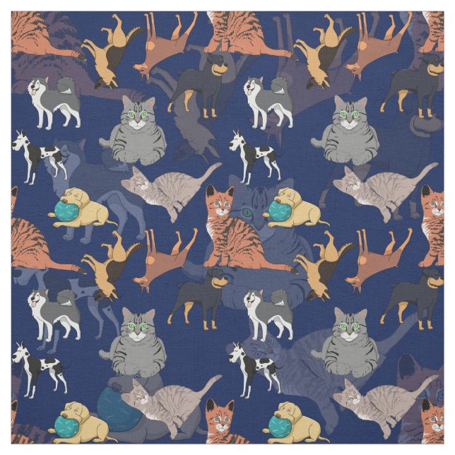 Cats And Dogs Pattern Design On Blue  Fabric (Swatch)