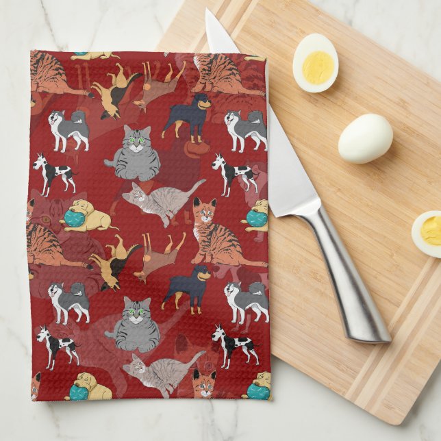 Cats And Dogs Pattern Design On Red Tea Towel (Quarter Fold)