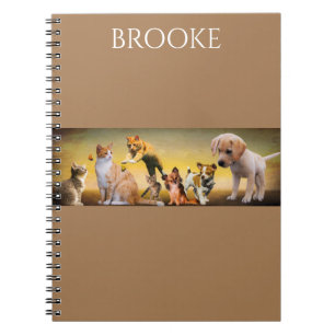 Cats and dogs spiral notebook with custom name.