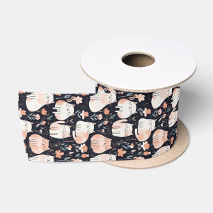 Cats and Flowers Coral Pink Black Pattern Satin Ribbon